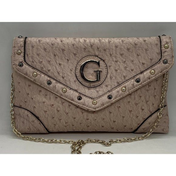 Guess Faux Ostrich Stud Purse with Chain Strap Tan Nude Beige Authentic - Picture 1 of 10